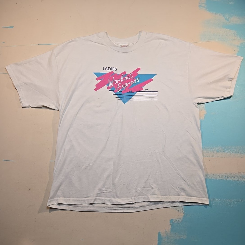 VTG 90s XL Ladies Workout Express T-Shirt Single Stitch Neon Gym 50/50 Hanes Tee - Picture 2 of 10